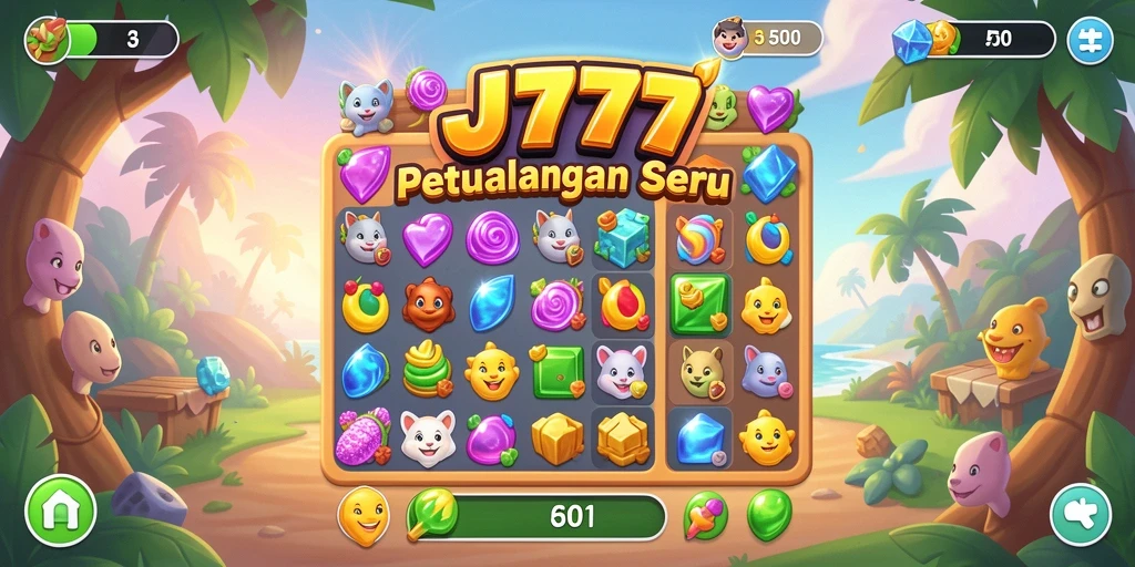 Screenshot gameplay JT777 menampilkan pencocokan permata berwarna-warni.