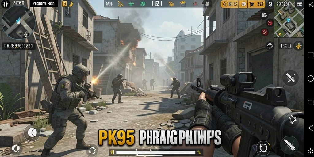 Screenshot utama PK95 menunjukkan aksi intens pertempuran FPS.