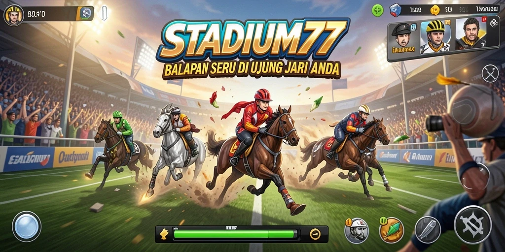 Screenshot gameplay STADIUM77 dengan mobil balap melaju kencang.